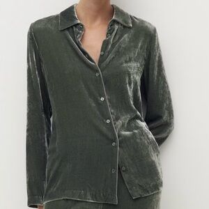 Mango Green Silk Velvet Button-Down Shirt